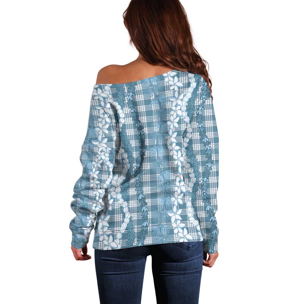 Hawaiian Ohia Lehua Lei Off Shoulder Sweater Plaid Palaka Uliuli Omaomao Pattern - Polynesian Pride
