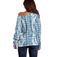 Hawaiian Ohia Lehua Lei Off Shoulder Sweater Plaid Palaka Uliuli Omaomao Pattern - Polynesian Pride