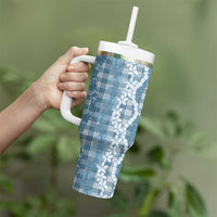 Hawaiian Ohia Lehua Lei Tumbler With Handle Plaid Palaka Uliuli Omaomao Pattern - Polynesian Pride