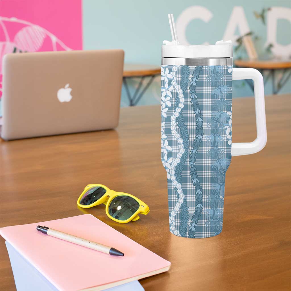 Hawaiian Ohia Lehua Lei Tumbler With Handle Plaid Palaka Uliuli Omaomao Pattern - Polynesian Pride