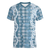 Hawaiian Ohia Lehua Lei Women V-Neck T-Shirt Plaid Palaka Uliuli Omaomao Pattern - Polynesian Pride