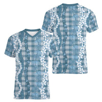 Hawaiian Ohia Lehua Lei Women V-Neck T-Shirt Plaid Palaka Uliuli Omaomao Pattern - Polynesian Pride