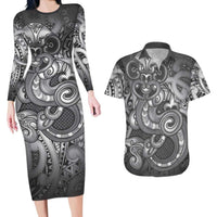 Aotearoa Maori Hei Tiki Couples Matching Long Sleeve Bodycon Dress and Hawaiian Shirt Kiwikiwi Kowhaiwhai Puhoro Motif LT9 Grey - Polynesian Pride