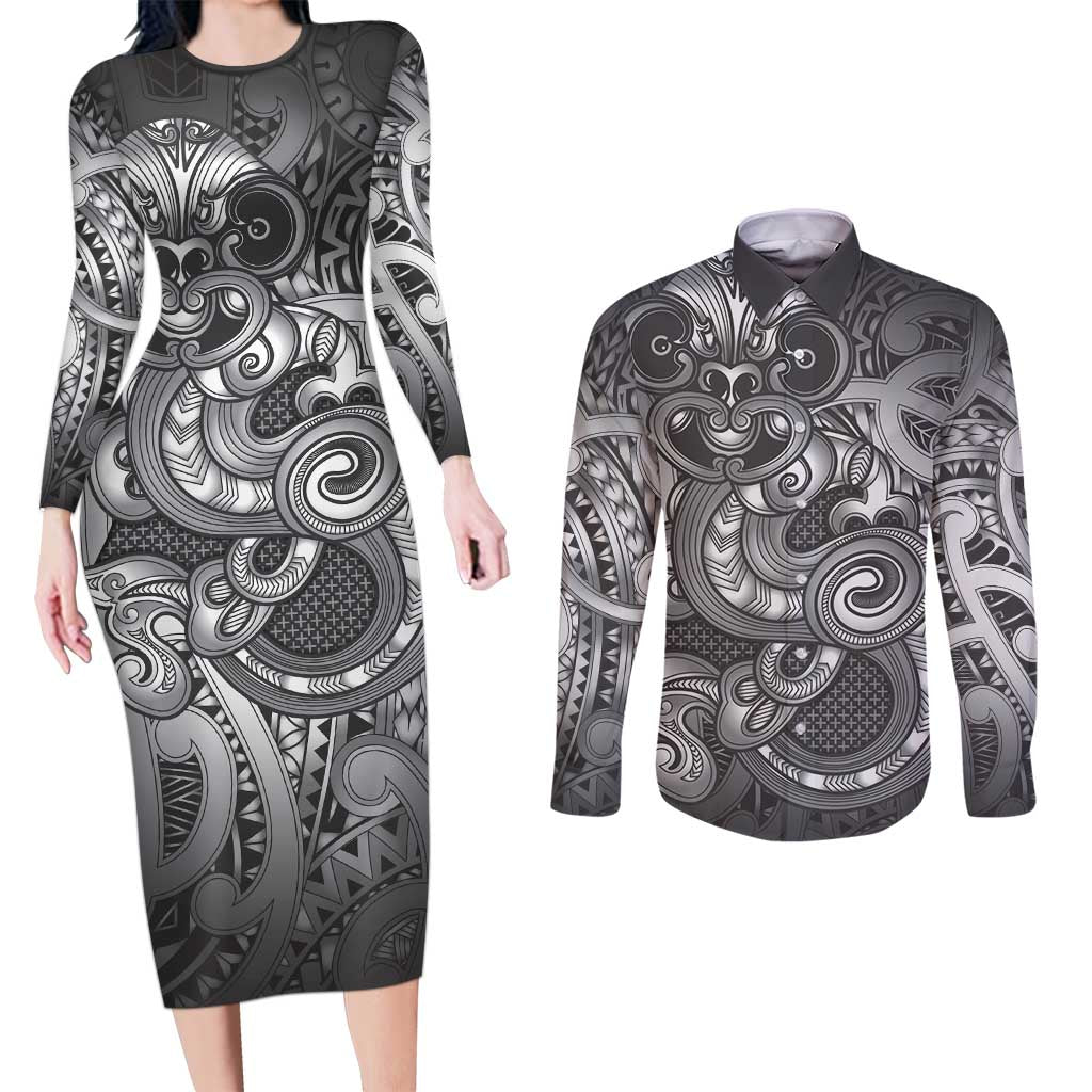 Aotearoa Maori Hei Tiki Couples Matching Long Sleeve Bodycon Dress and Long Sleeve Button Shirt Kiwikiwi Kowhaiwhai Puhoro Motif LT9 Grey - Polynesian Pride