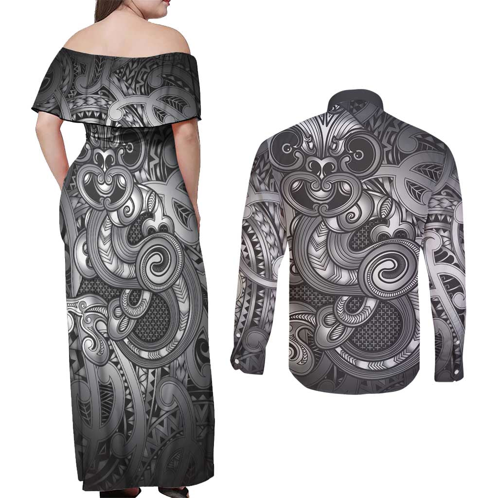 Aotearoa Maori Hei Tiki Couples Matching Off Shoulder Maxi Dress and Long Sleeve Button Shirt Kiwikiwi Kowhaiwhai Puhoro Motif LT9 - Polynesian Pride
