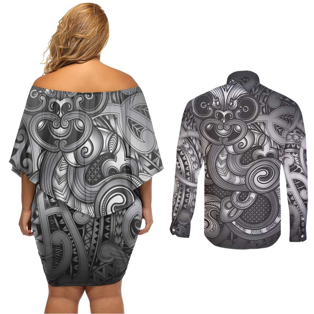 Aotearoa Maori Hei Tiki Couples Matching Off Shoulder Short Dress and Long Sleeve Button Shirt Kiwikiwi Kowhaiwhai Puhoro Motif LT9 - Polynesian Pride