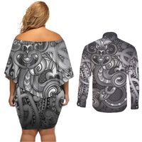 Aotearoa Maori Hei Tiki Couples Matching Off Shoulder Short Dress and Long Sleeve Button Shirt Kiwikiwi Kowhaiwhai Puhoro Motif LT9 - Polynesian Pride