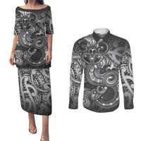 Aotearoa Maori Hei Tiki Couples Matching Puletasi and Long Sleeve Button Shirt Kiwikiwi Kowhaiwhai Puhoro Motif LT9 Grey - Polynesian Pride