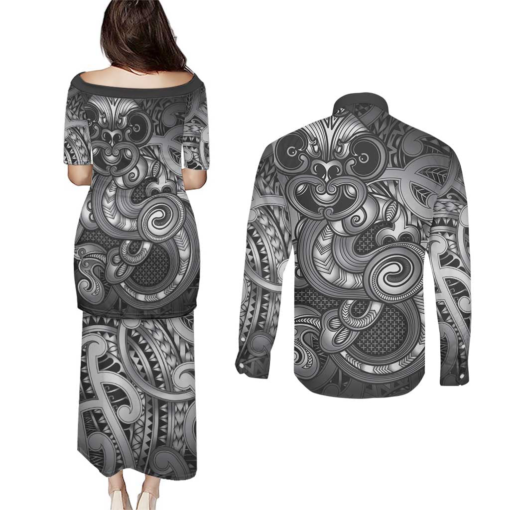 Aotearoa Maori Hei Tiki Couples Matching Puletasi and Long Sleeve Button Shirt Kiwikiwi Kowhaiwhai Puhoro Motif LT9 - Polynesian Pride