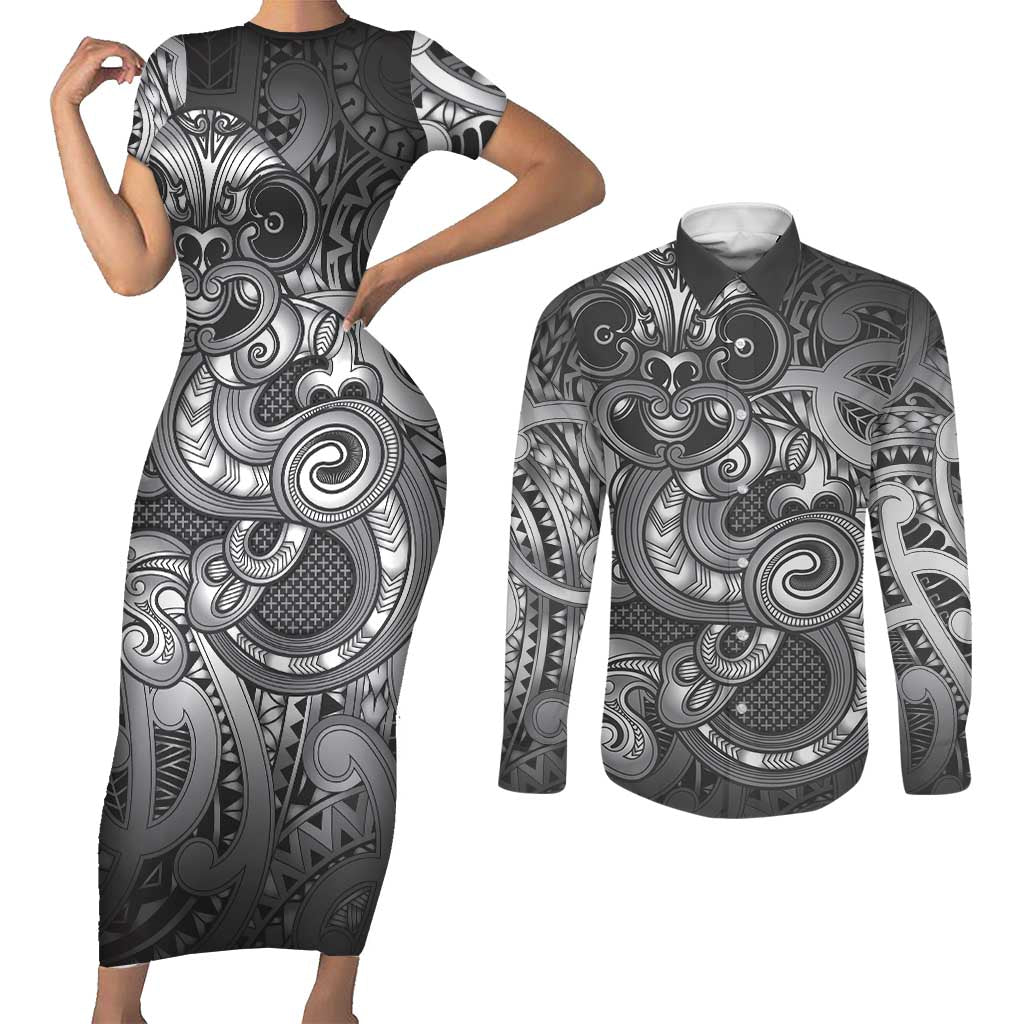 Aotearoa Maori Hei Tiki Couples Matching Short Sleeve Bodycon Dress and Long Sleeve Button Shirt Kiwikiwi Kowhaiwhai Puhoro Motif LT9 Grey - Polynesian Pride