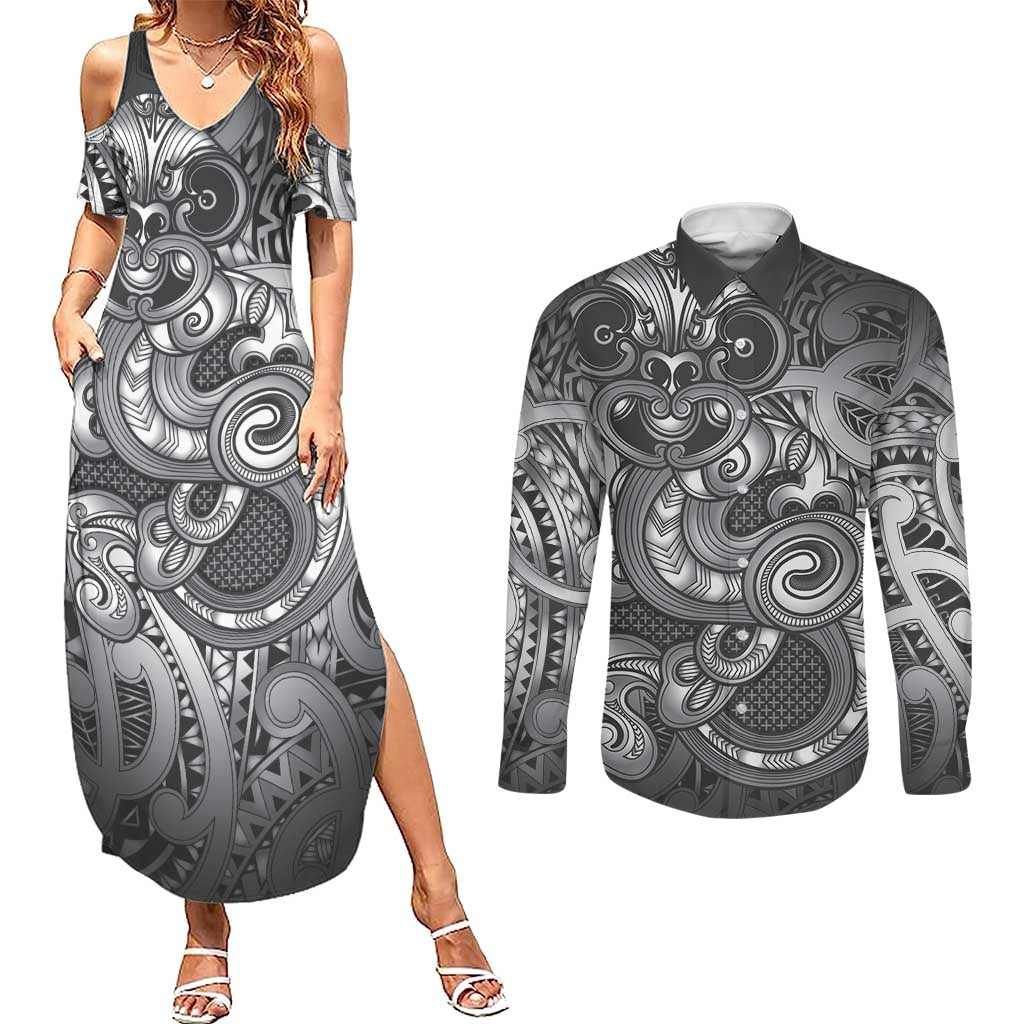 Aotearoa Maori Hei Tiki Couples Matching Summer Maxi Dress and Long Sleeve Button Shirt Kiwikiwi Kowhaiwhai Puhoro Motif LT9 Grey - Polynesian Pride