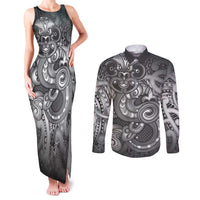 Aotearoa Maori Hei Tiki Couples Matching Tank Maxi Dress and Long Sleeve Button Shirt Kiwikiwi Kowhaiwhai Puhoro Motif LT9 Grey - Polynesian Pride