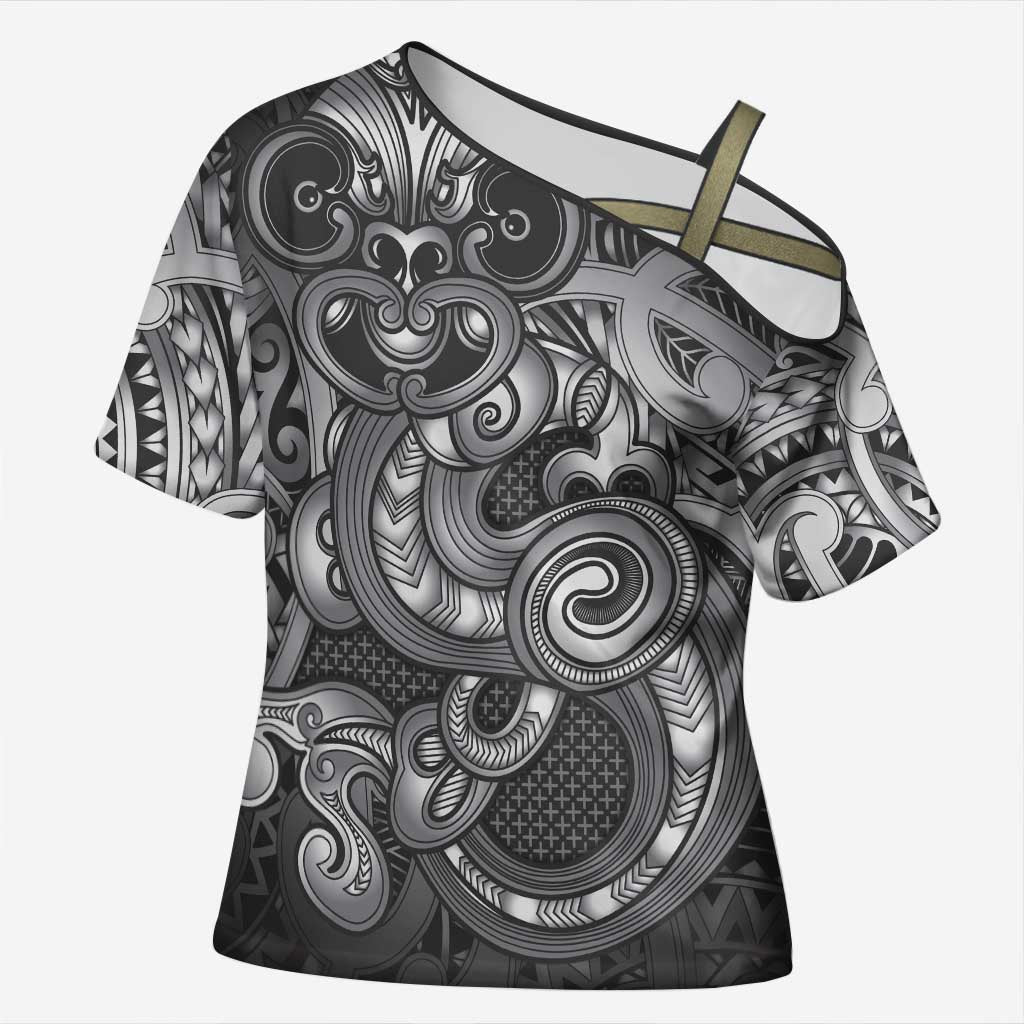 Aotearoa Maori Hei Tiki Cross Shoulder Shirt Kiwikiwi Kowhaiwhai Puhoro Motif LT9 Female Grey - Polynesian Pride