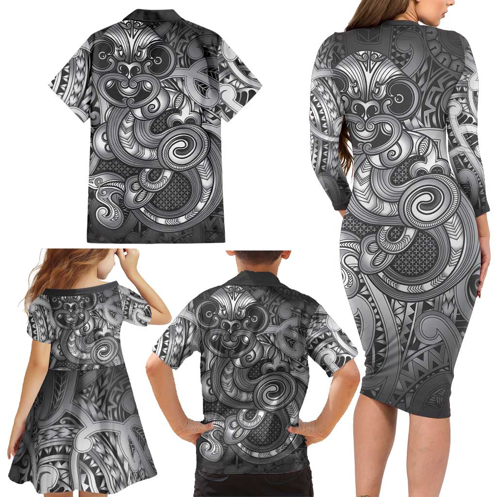 Aotearoa Maori Hei Tiki Family Matching Long Sleeve Bodycon Dress and Hawaiian Shirt Kiwikiwi Kowhaiwhai Puhoro Motif LT9 - Polynesian Pride