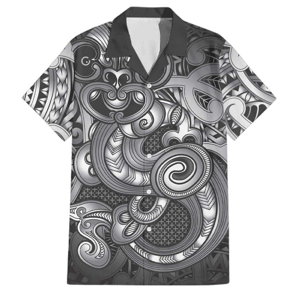 Aotearoa Maori Hei Tiki Family Matching Off Shoulder Short Dress and Hawaiian Shirt Kiwikiwi Kowhaiwhai Puhoro Motif LT9 Dad's Shirt - Short Sleeve Grey - Polynesian Pride