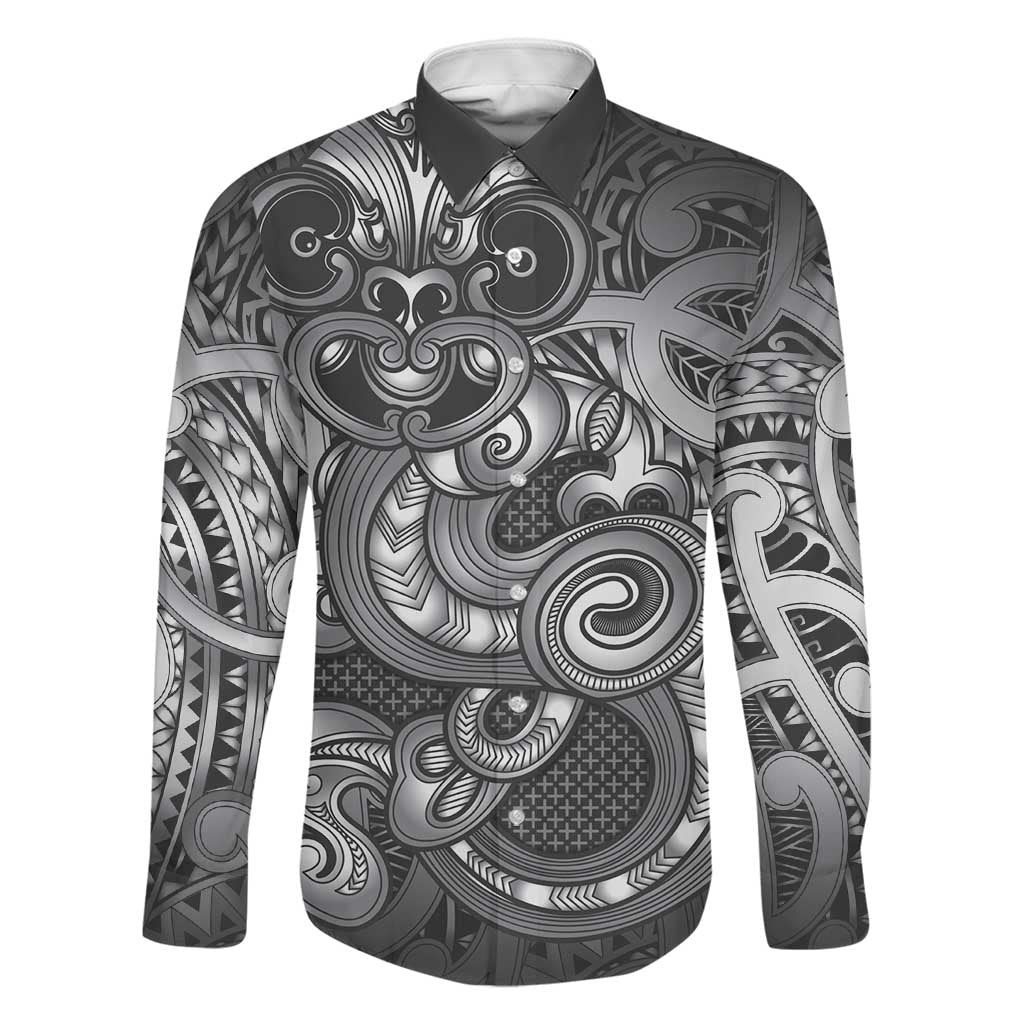 Aotearoa Maori Hei Tiki Family Matching Puletasi and Hawaiian Shirt Kiwikiwi Kowhaiwhai Puhoro Motif LT9 Dad's Shirt - Long Sleeve Grey - Polynesian Pride