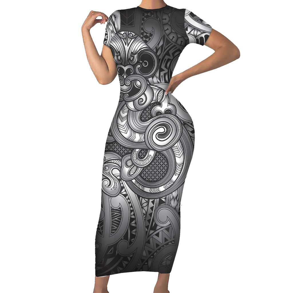 Aotearoa Maori Hei Tiki Family Matching Short Sleeve Bodycon Dress and Hawaiian Shirt Kiwikiwi Kowhaiwhai Puhoro Motif LT9 Mom's Dress Grey - Polynesian Pride