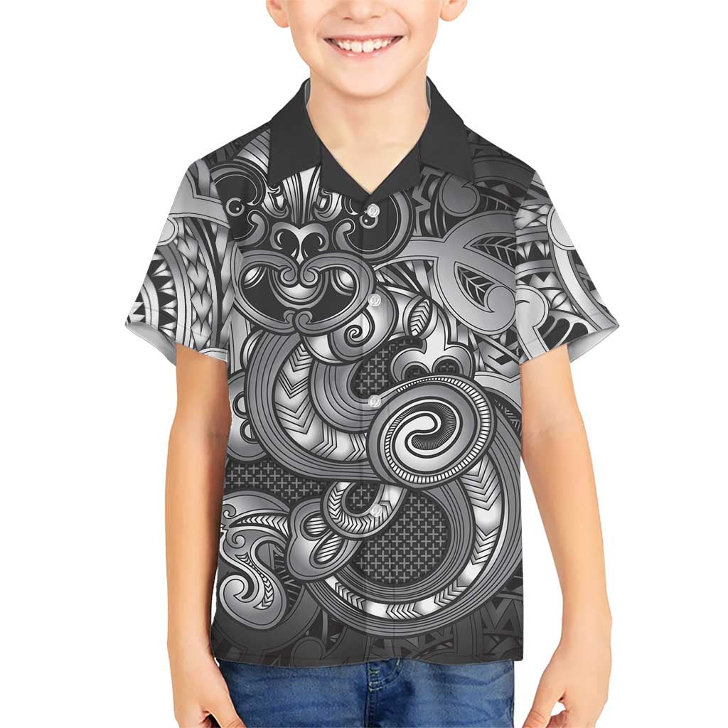 Aotearoa Maori Hei Tiki Kid Hawaiian Shirt Kiwikiwi Kowhaiwhai Puhoro Motif LT9 Kid Grey - Polynesian Pride