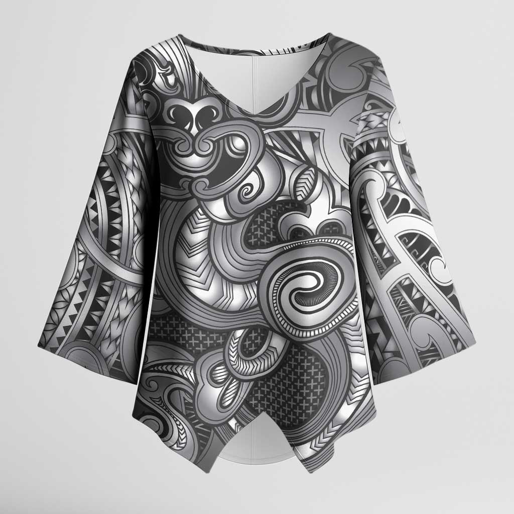 Aotearoa Maori Hei Tiki Kimono Sleeve Blouse Kiwikiwi Kowhaiwhai Puhoro Motif LT9 Female Grey - Polynesian Pride