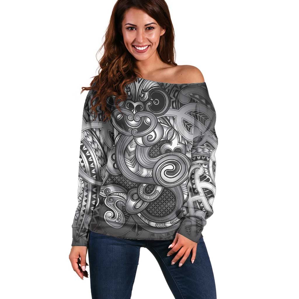 Aotearoa Maori Hei Tiki Off Shoulder Sweater Kiwikiwi Kowhaiwhai Puhoro Motif