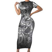 Aotearoa Maori Hei Tiki Short Sleeve Bodycon Dress Kiwikiwi Kowhaiwhai Puhoro Motif LT9 Long Dress Grey - Polynesian Pride