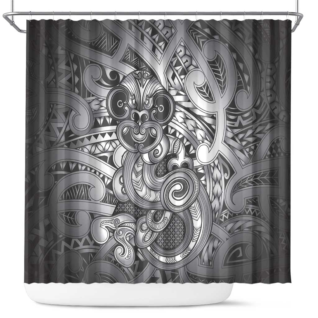 Aotearoa Maori Hei Tiki Shower Curtain Kiwikiwi Kowhaiwhai Puhoro Motif LT9 Grey - Polynesian Pride