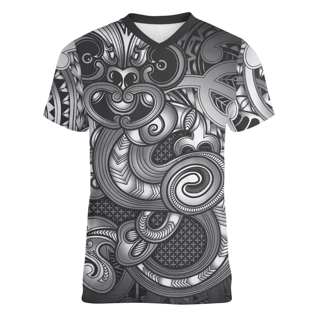 Aotearoa Maori Hei Tiki Women V-Neck T-Shirt Kiwikiwi Kowhaiwhai Puhoro Motif LT9 Female Grey - Polynesian Pride