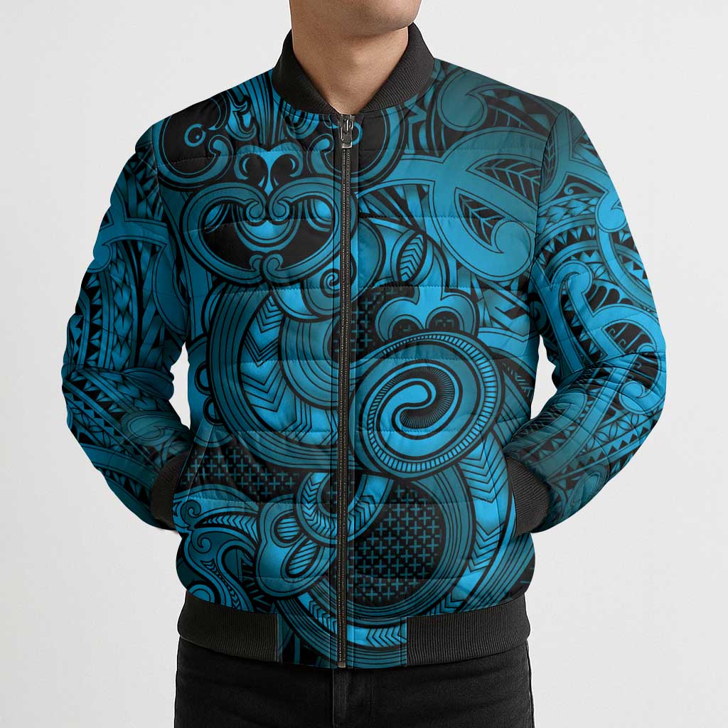 Aotearoa Maori Hei Tiki Bomber Puffer Jacket Kikorangi Kowhaiwhai Puhoro Motif
