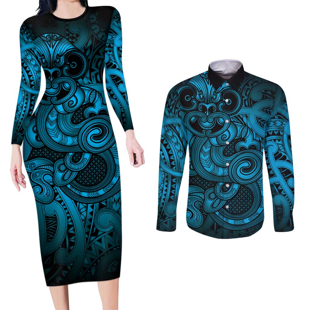 Aotearoa Maori Hei Tiki Couples Matching Long Sleeve Bodycon Dress and Long Sleeve Button Shirt Kikorangi Kowhaiwhai Puhoro Motif LT9 Blue - Polynesian Pride