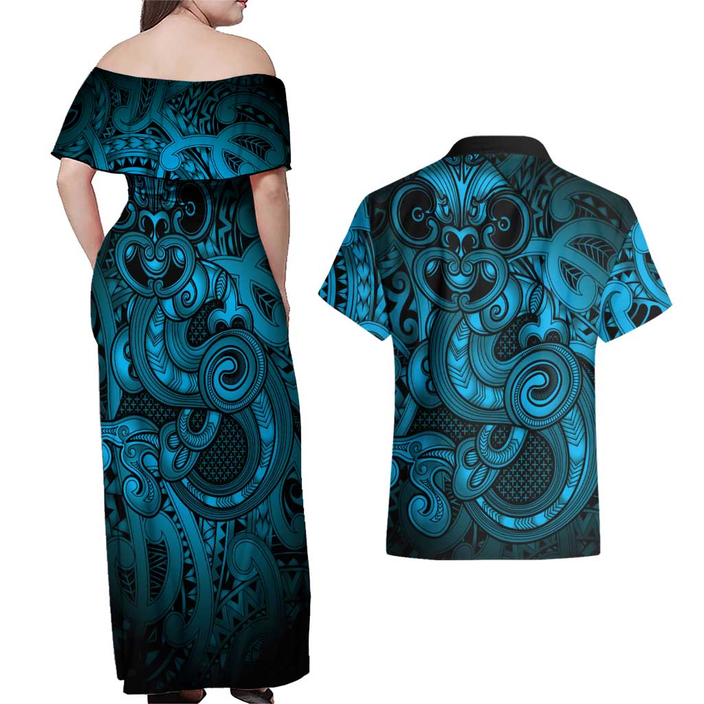 Aotearoa Maori Hei Tiki Couples Matching Off Shoulder Maxi Dress and Hawaiian Shirt Kikorangi Kowhaiwhai Puhoro Motif LT9 - Polynesian Pride
