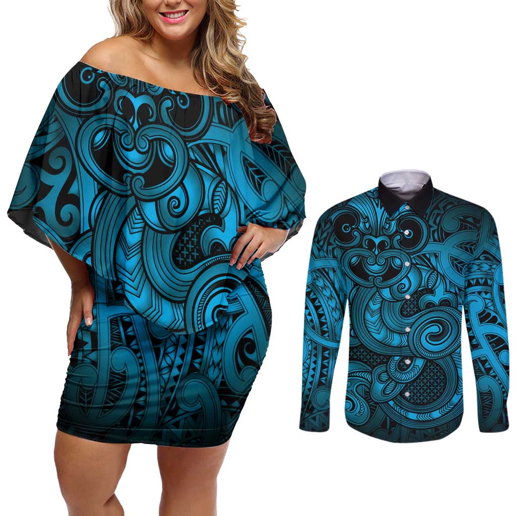 Aotearoa Maori Hei Tiki Couples Matching Off Shoulder Short Dress and Long Sleeve Button Shirt Kikorangi Kowhaiwhai Puhoro Motif LT9 Blue - Polynesian Pride