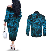 Aotearoa Maori Hei Tiki Couples Matching Off The Shoulder Long Sleeve Dress and Long Sleeve Button Shirt Kikorangi Kowhaiwhai Puhoro Motif LT9 - Polynesian Pride