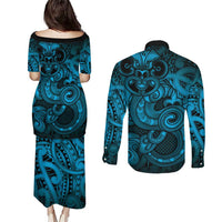 Aotearoa Maori Hei Tiki Couples Matching Puletasi and Long Sleeve Button Shirt Kikorangi Kowhaiwhai Puhoro Motif LT9 - Polynesian Pride