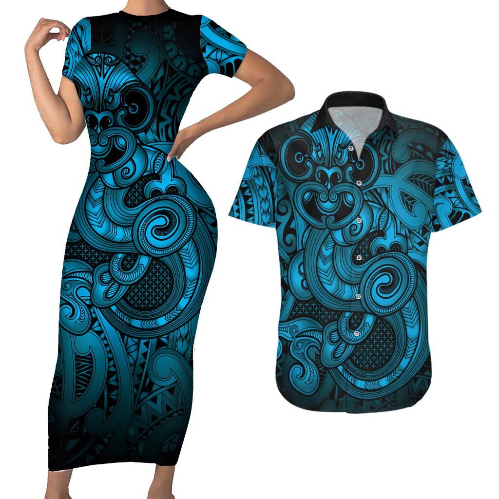Aotearoa Maori Hei Tiki Couples Matching Short Sleeve Bodycon Dress and Hawaiian Shirt Kikorangi Kowhaiwhai Puhoro Motif LT9 Blue - Polynesian Pride