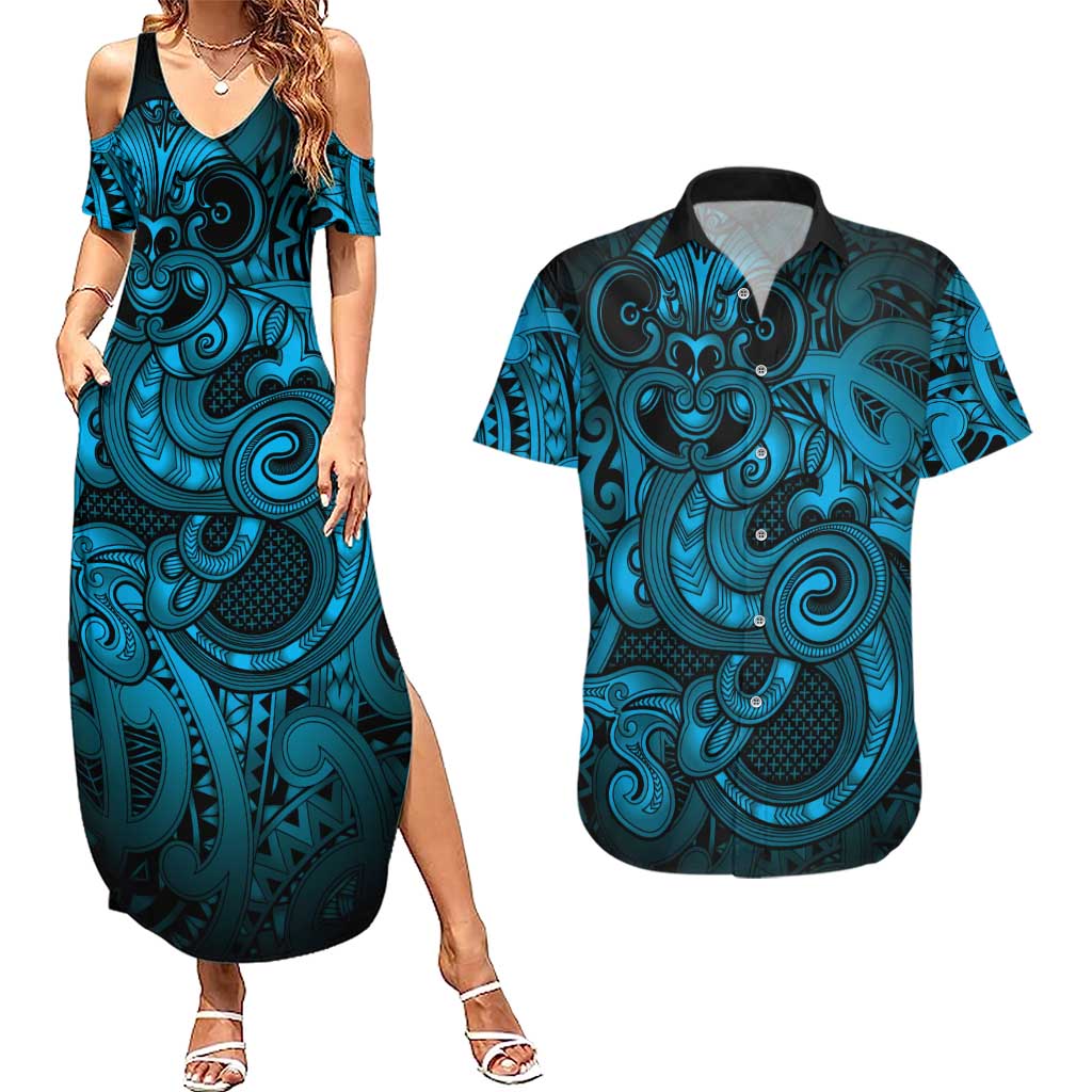 Aotearoa Maori Hei Tiki Couples Matching Summer Maxi Dress and Hawaiian Shirt Kikorangi Kowhaiwhai Puhoro Motif LT9 Blue - Polynesian Pride