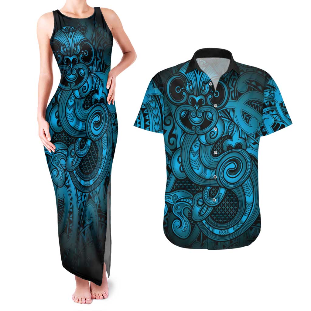 Aotearoa Maori Hei Tiki Couples Matching Tank Maxi Dress and Hawaiian Shirt Kikorangi Kowhaiwhai Puhoro Motif LT9 Blue - Polynesian Pride