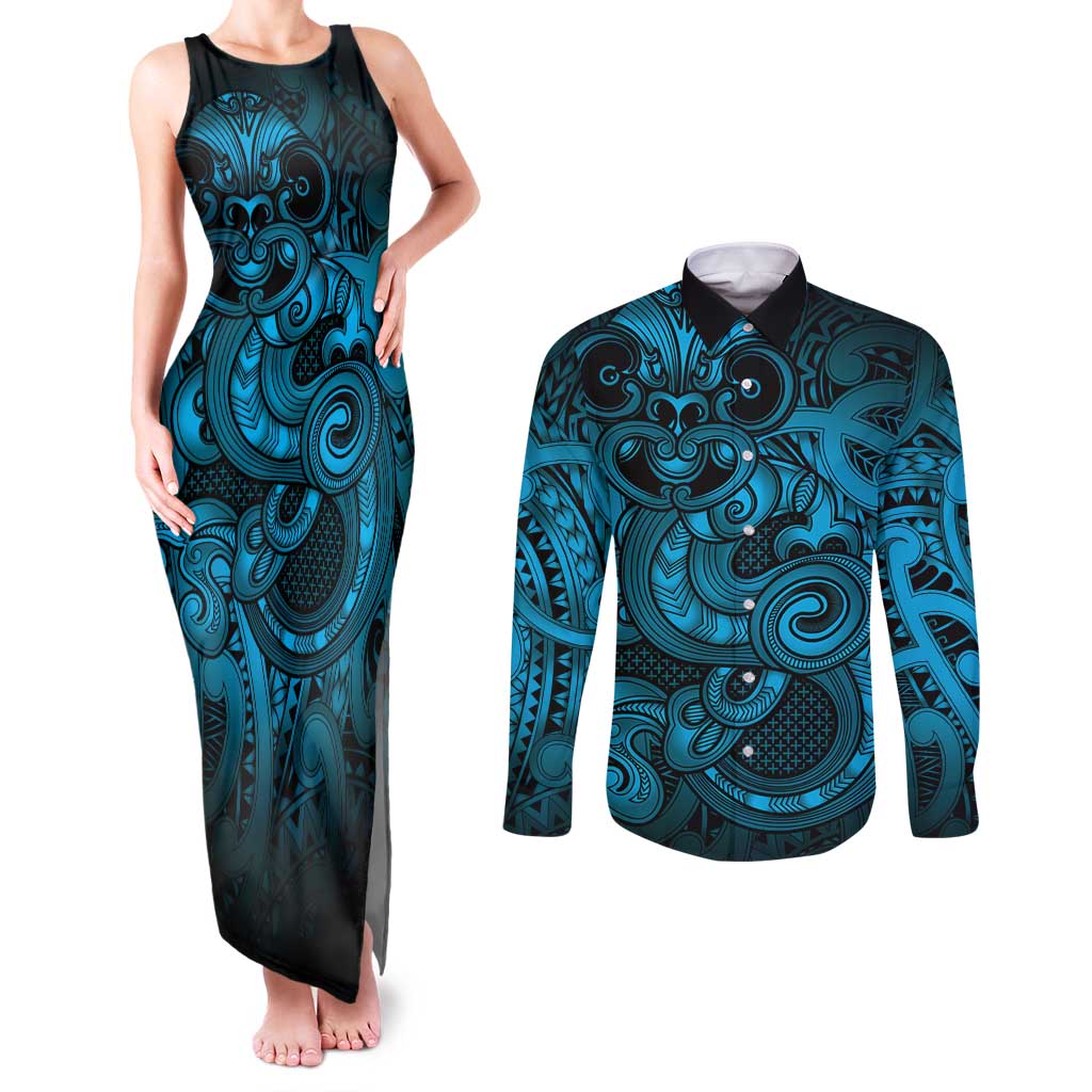 Aotearoa Maori Hei Tiki Couples Matching Tank Maxi Dress and Long Sleeve Button Shirt Kikorangi Kowhaiwhai Puhoro Motif