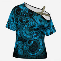 Aotearoa Maori Hei Tiki Cross Shoulder Shirt Kikorangi Kowhaiwhai Puhoro Motif LT9 Female Blue - Polynesian Pride