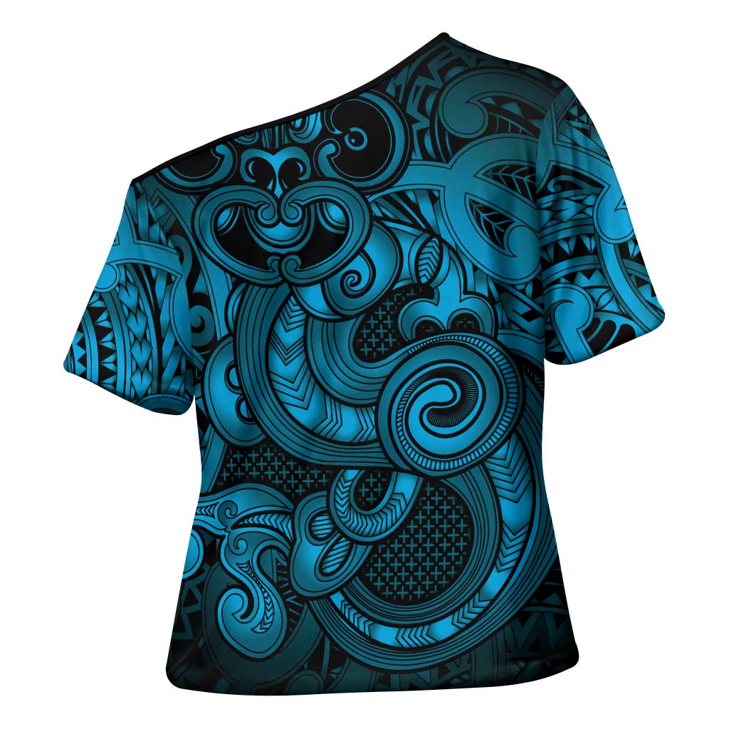 Aotearoa Maori Hei Tiki Cross Shoulder Shirt Kikorangi Kowhaiwhai Puhoro Motif LT9 - Polynesian Pride