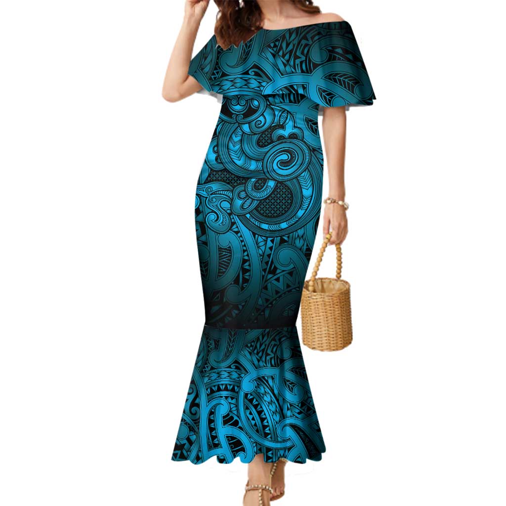 Aotearoa Maori Hei Tiki Family Matching Mermaid Dress and Hawaiian Shirt Kikorangi Kowhaiwhai Puhoro Motif LT9 Mom's Dress Blue - Polynesian Pride
