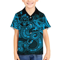 Aotearoa Maori Hei Tiki Family Matching Off Shoulder Short Dress and Hawaiian Shirt Kikorangi Kowhaiwhai Puhoro Motif LT9 Son's Shirt Blue - Polynesian Pride