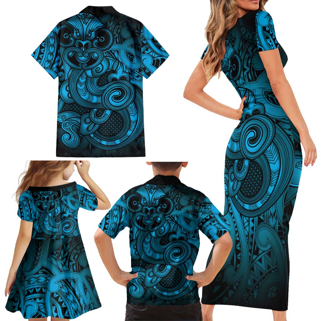 Aotearoa Maori Hei Tiki Family Matching Short Sleeve Bodycon Dress and Hawaiian Shirt Kikorangi Kowhaiwhai Puhoro Motif LT9 - Polynesian Pride