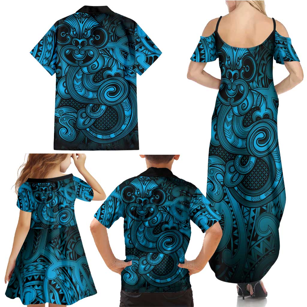 Aotearoa Maori Hei Tiki Family Matching Summer Maxi Dress and Hawaiian Shirt Kikorangi Kowhaiwhai Puhoro Motif LT9 - Polynesian Pride
