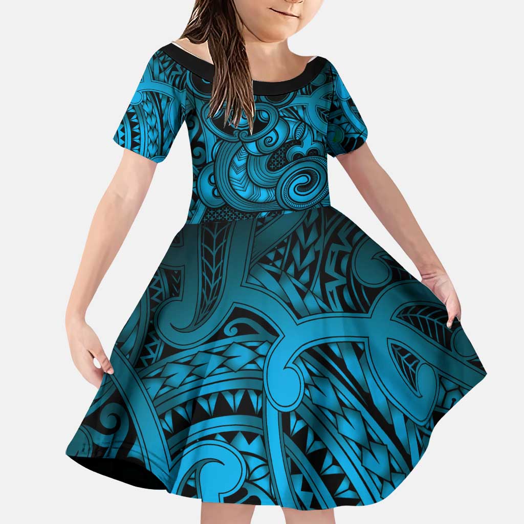 Aotearoa Maori Hei Tiki Family Matching Tank Maxi Dress and Hawaiian Shirt Kikorangi Kowhaiwhai Puhoro Motif LT9 Daughter's Dress Blue - Polynesian Pride
