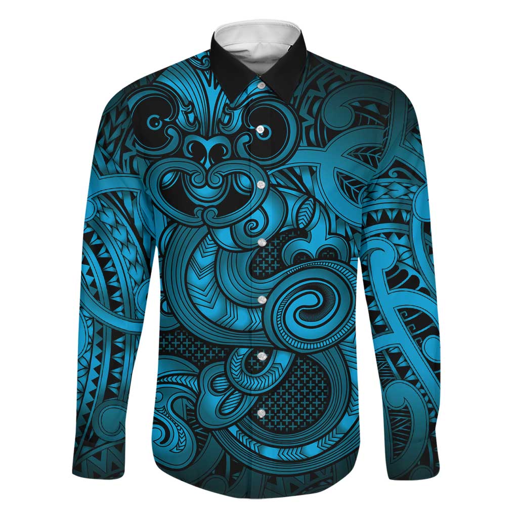Aotearoa Maori Hei Tiki Family Matching Tank Maxi Dress and Hawaiian Shirt Kikorangi Kowhaiwhai Puhoro Motif LT9 Dad's Shirt - Long Sleeve Blue - Polynesian Pride