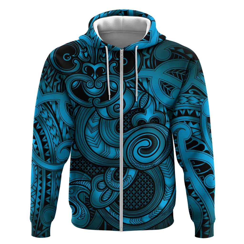 Aotearoa Maori Hei Tiki Hoodie Kikorangi Kowhaiwhai Puhoro Motif LT9 Zip Hoodie Blue - Polynesian Pride