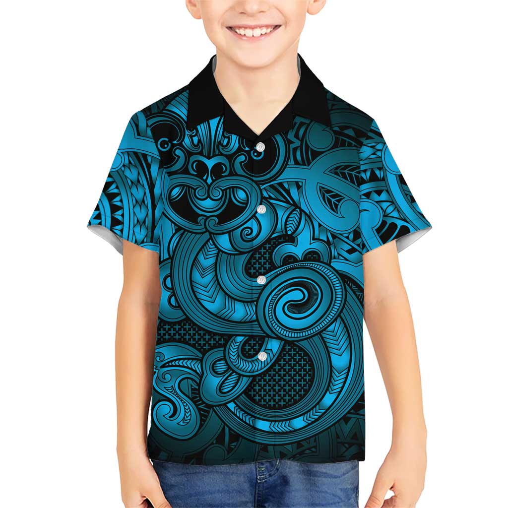 Aotearoa Maori Hei Tiki Kid Hawaiian Shirt Kikorangi Kowhaiwhai Puhoro Motif