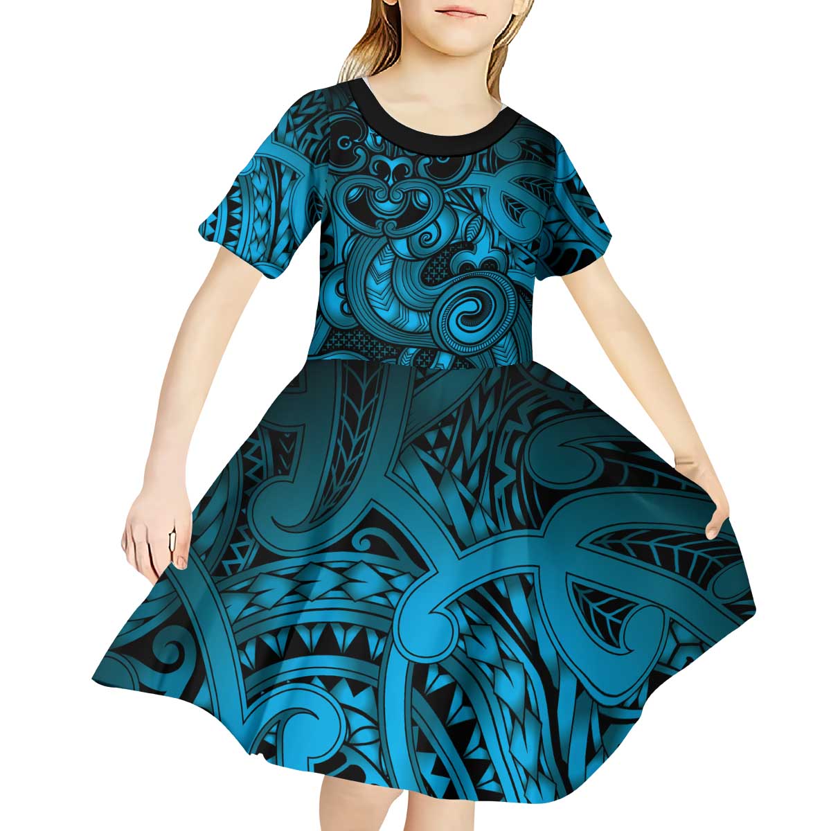 Aotearoa Maori Hei Tiki Kid Short Sleeve Dress Kikorangi Kowhaiwhai Puhoro Motif LT9 - Polynesian Pride