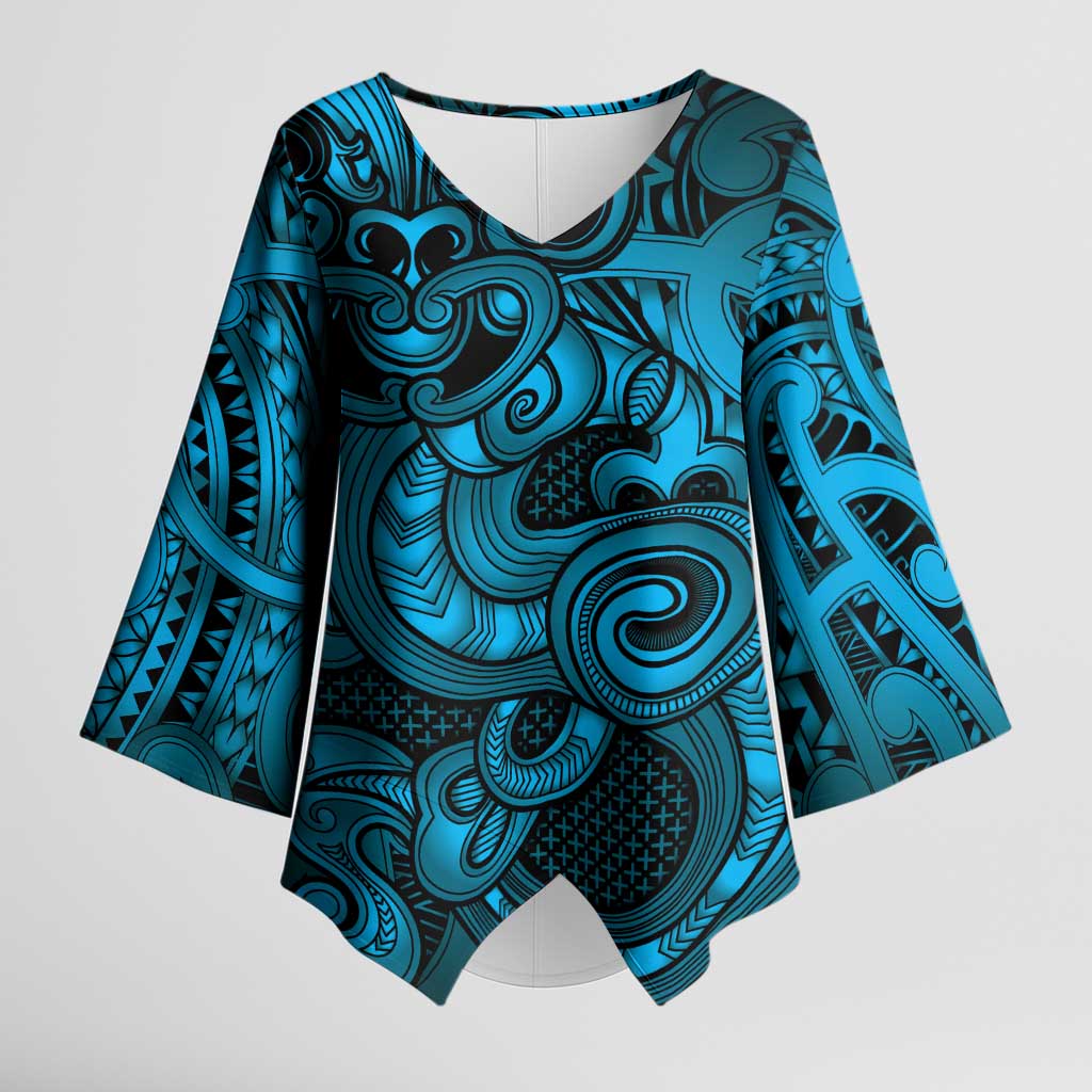Aotearoa Maori Hei Tiki Kimono Sleeve Blouse Kikorangi Kowhaiwhai Puhoro Motif LT9 Female Blue - Polynesian Pride