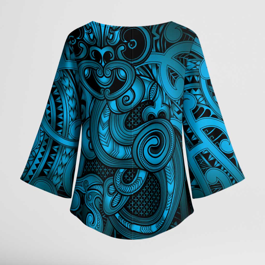 Aotearoa Maori Hei Tiki Kimono Sleeve Blouse Kikorangi Kowhaiwhai Puhoro Motif LT9 - Polynesian Pride